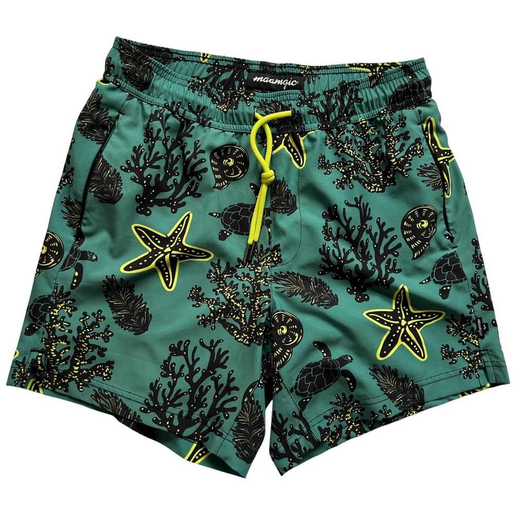 Maamgic Mens Swim Trunks S Green Sea Life Turtle Starfish Compression Liner NWOT